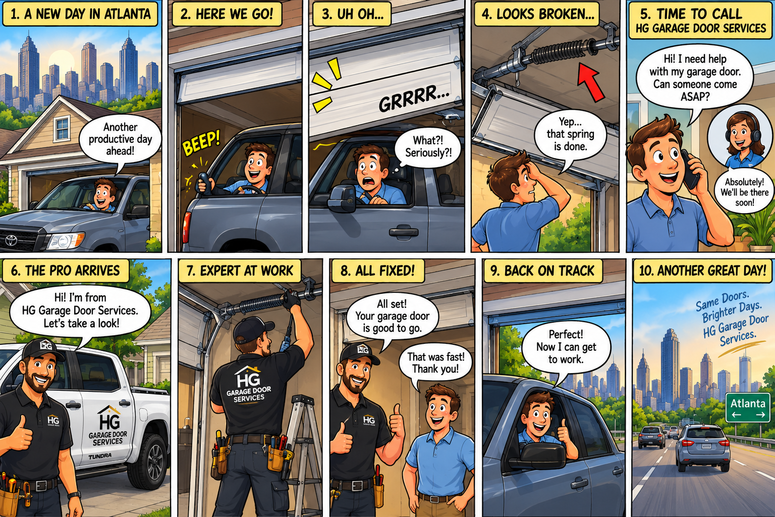 Comic strip: Atlanta homeowner finds his garage door stuck with a broken torsion spring and HG Garage Door repairs it the same day
