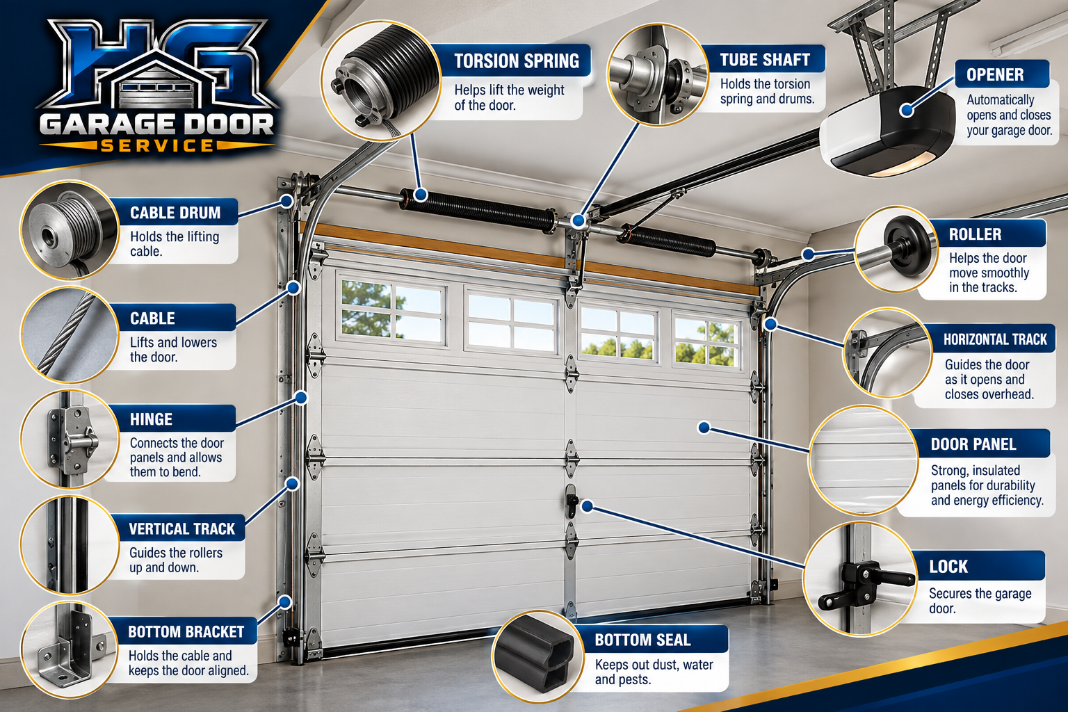 Labeled diagram of 13 garage door parts: torsion spring, tube shaft, opener, cable drum, cable, roller, hinge, tracks, panel, bottom bracket, lock and bottom seal