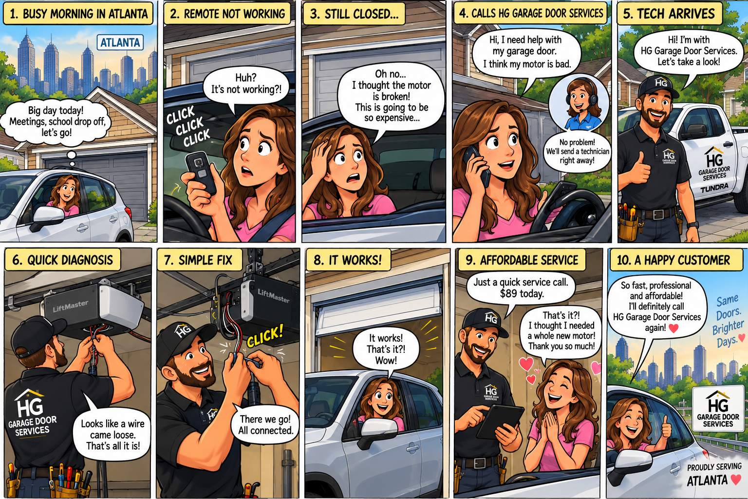 Comic strip: garage door remote clicks but the door stays closed, technician finds a loose wire on the LiftMaster opener