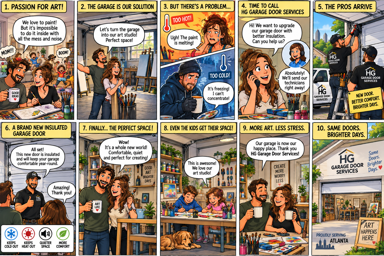 Comic strip: family turns their hot and cold garage into an art studio after installing a new insulated garage door