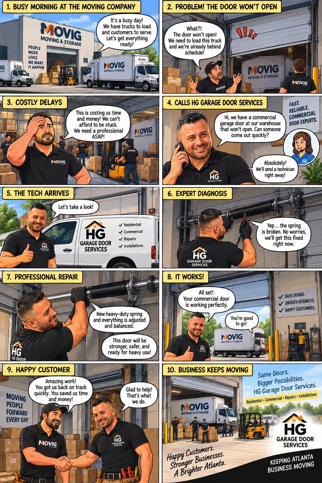 Comic strip: warehouse loading dock garage door will not open, HG Garage Door replaces a heavy-duty commercial spring